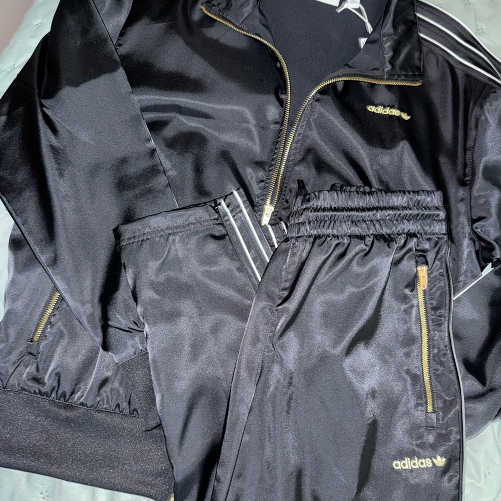 adidas Black Satin Track Jacket and Pants with Gold Trim
